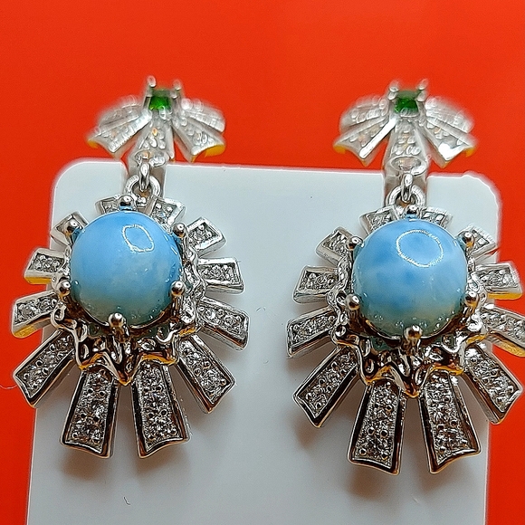 Natural Unheated Larimar 7mm & Cz‎ 925 Sterling Silver Earrings - Picture 2 of 7